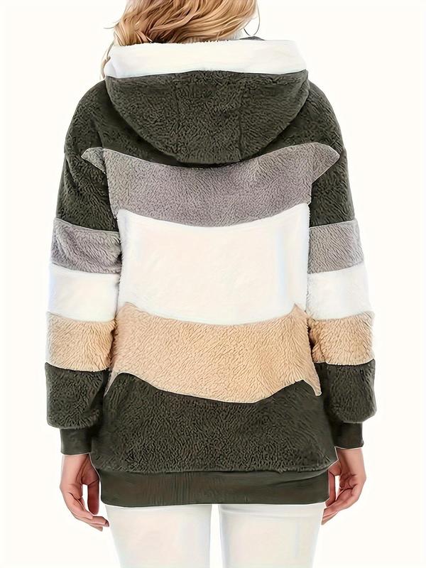  Colorblock Print Drawstring Zip Up Fuzzy Hooded Coat, Winter Clothes Women, Casual Jackets, Long Sleeve Zipper Outerwear for Fall & Winter, Gift Set, Women's Clothes for Daily Wear, Fall Outfits, Fallfreshness Clothes